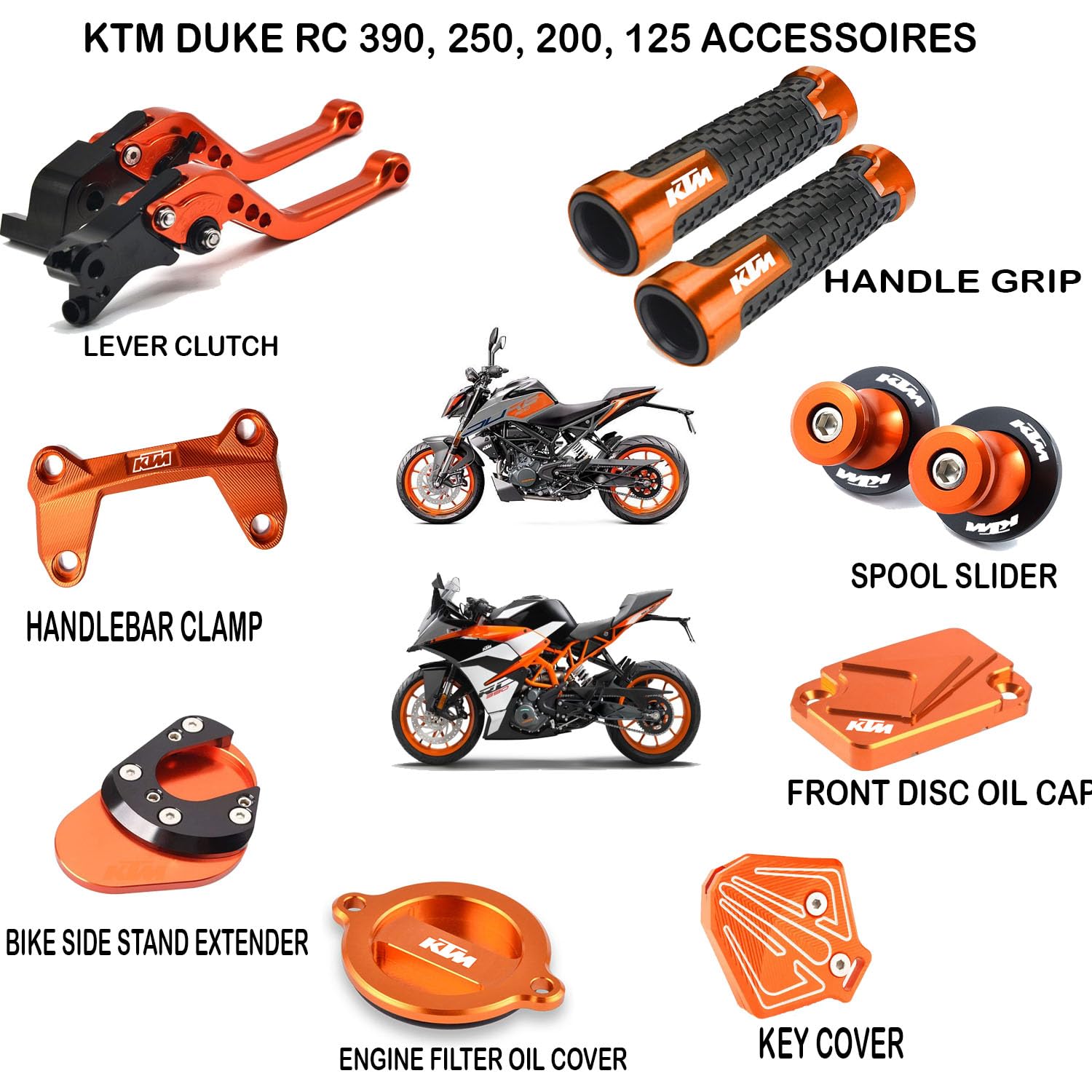Vagary Combo of 8pc KTM Duke RC 125, 200, 250, 390 Accessories Lever Clutch, Handle Grip, Spool Slider, Front Disc Oil Cover, Engine Oil Cover, Side Stand Extender, Key Cover, Handle Bar Clamp(Orange)