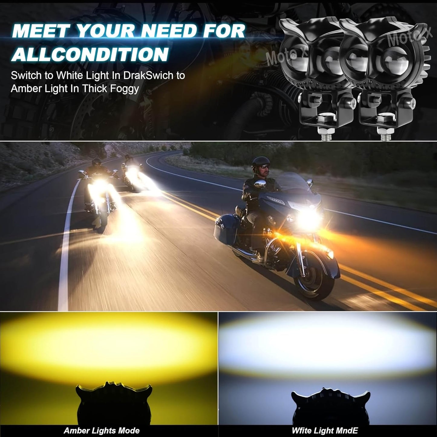 Moto X LED Motorcycle Driving Fog Lights Dual Color Amber/White Owl Fog Lamp 3mode Offroad Driving Headlights Universal for Bikes(Pack of 2)