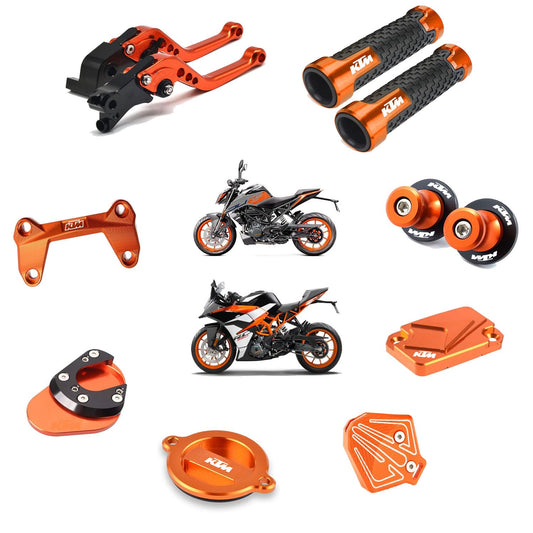 Vagary Combo of 8pc KTM Duke RC 125, 200, 250, 390 Accessories Lever Clutch, Handle Grip, Spool Slider, Front Disc Oil Cover, Engine Oil Cover, Side Stand Extender, Key Cover, Handle Bar Clamp(Orange)