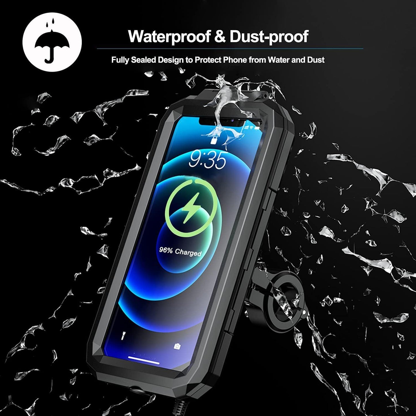 Vagary Motorcycle Mobile Holder, Waterproof IP67 Wireless Phone Holder with Qi and USB C Charger, 360° Rotation for Handlebar Mobile Holder (Black)