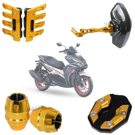 Vagary Combo of 4pc CNC Aerox 155 Fork Wheel Slider, Side Stand Extender, Shocker Protector & Mud Guard (Aerox 155 Accessories) -Golden