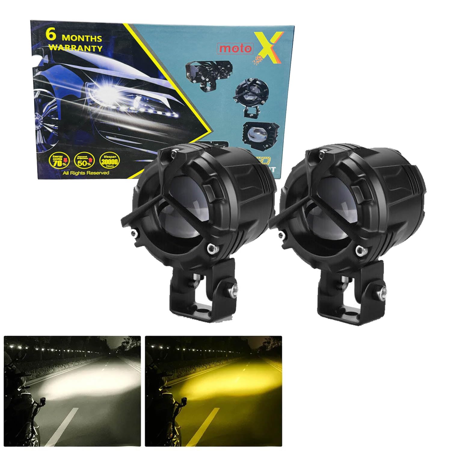 Moto X Super Bright Dual Color Aluminum Fog Light For Bike & Car for BMW, Bajaj, Harley Davidson, KTM, Hero, TVS, Yamaha (MT 15, Classic 350, Pulsar RS 200, Ninja 250, R15 V4, V3
