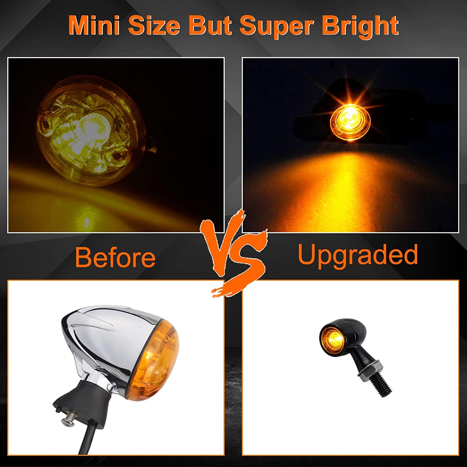 Vagary Mini Metal Bullet Turn Signals Motorcycle LED Blinkers Lights Universal Small Front Rear Indicator Compatible with Harley Davidson Honda Kawasaki Suzuki Triumph Yamaha Cruiser (4pc)