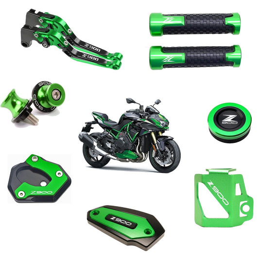 Vagary Combo of Kawasaki Z900 Accessories Lever Clutch, Handle Grip, Front and Rear Brake Fluid Cover, Disc Oil Cap, Bike Side Stand Extender with Z900 Logo Complete 7Items (Green)