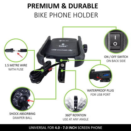 Vagary haw Grip Waterproof Bike | Motorcycle | Scooter Mobile Phone Holder Mount with Fast USB QC 3.0 Charger & 360° Rotation for Maps and GPS Navigation (Black)