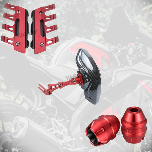 Vagary Combo of 3pc Bike Rear Mud Guard, Front Fork Frame Sliders & Shocker Protector for Pulsar NS 200, RS 200, TVS Raider 125, R15 V3, V4, R15M, MT 15, Pulsar N160 & Fit All Bikes (Red)