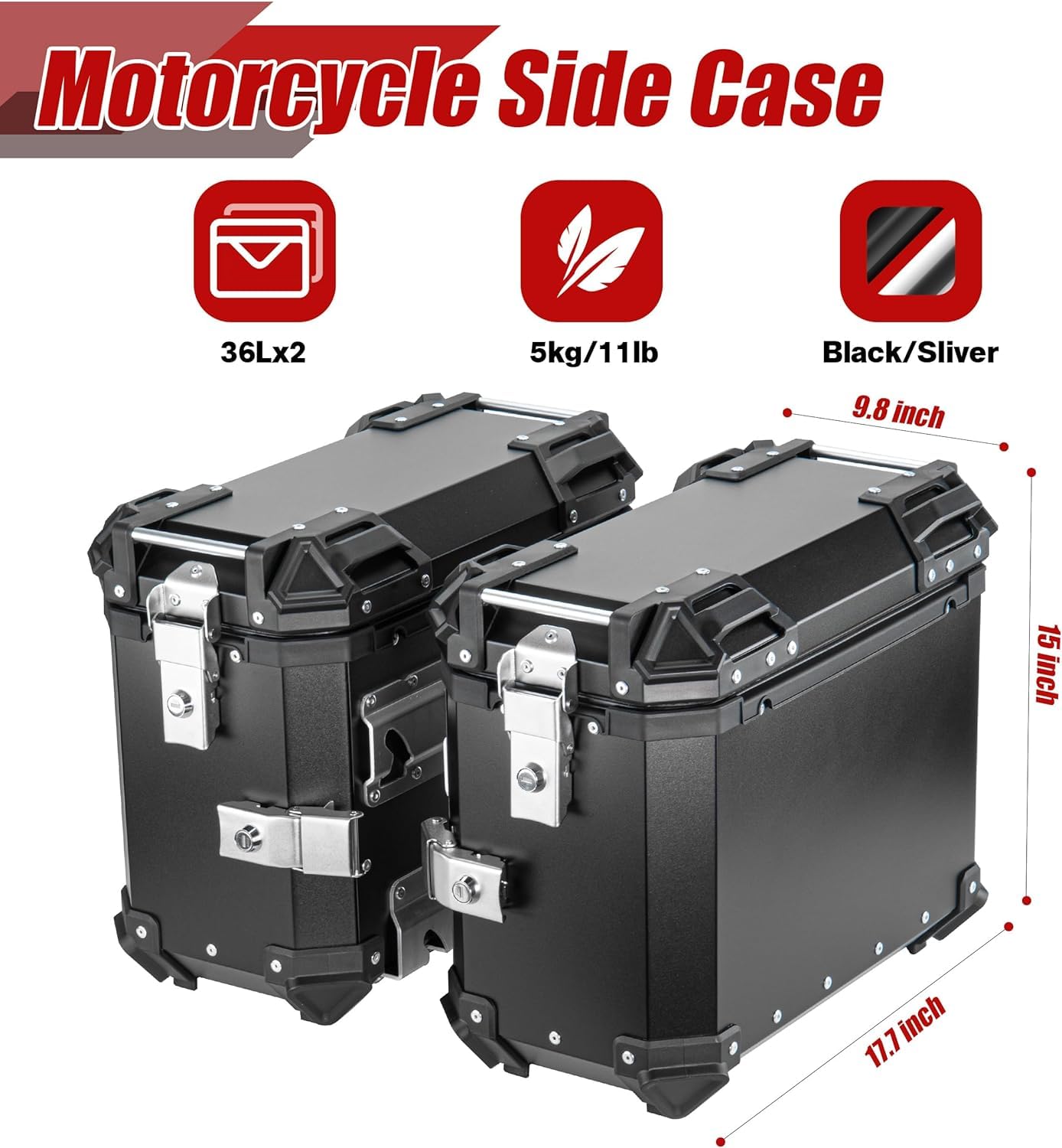 Vagary Universal Aluminum 38L Side Pannier Box Motorcycle Rear Luggage Trunk Tool Storage Box with Rack Fit Most of Bikes (Black)