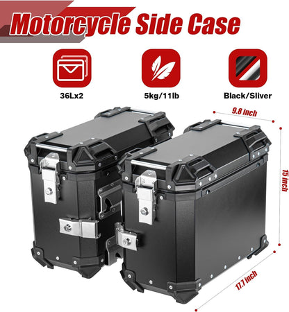 Vagary Universal Aluminum 38L Side Pannier Box Motorcycle Rear Luggage Trunk Tool Storage Box with Rack Fit Most of Bikes (Black)