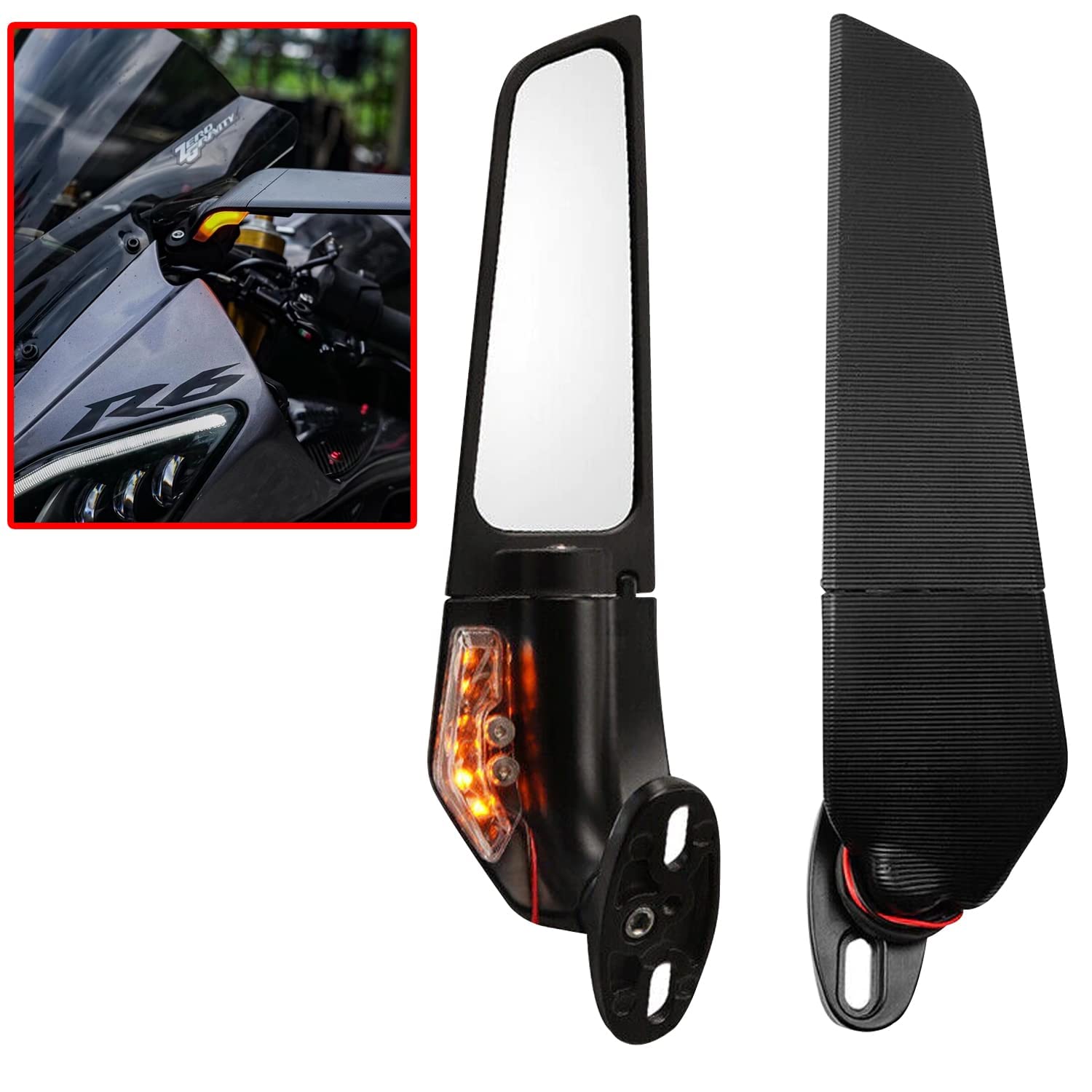 Vagary Wing Rearview Stealth Mirrors Fully-Faired Bikes For R15 V4M, R15 V4, R15 V3 | Ninja 250 300 400 GSX250R 360 Adjustable (Black, Pack of 2, With Led Light)