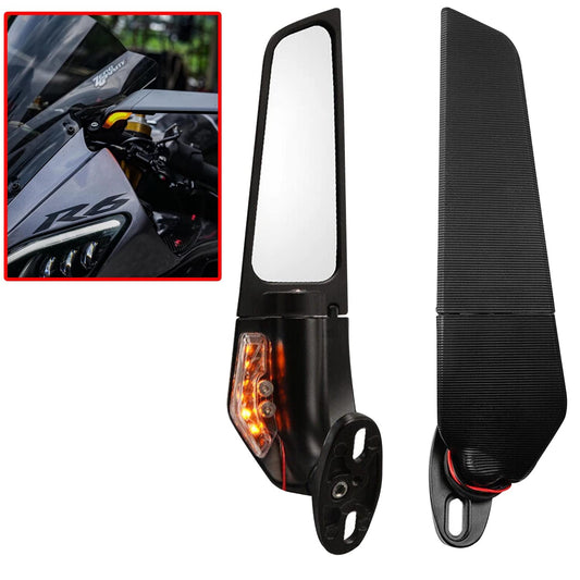 Vagary Wing Rearview Stealth Mirrors Fully-Faired Bikes For R15 V4M, R15 V4, R15 V3 | Ninja 250 300 400 GSX250R 360 Adjustable (Black, Pack of 2, With Led Light)