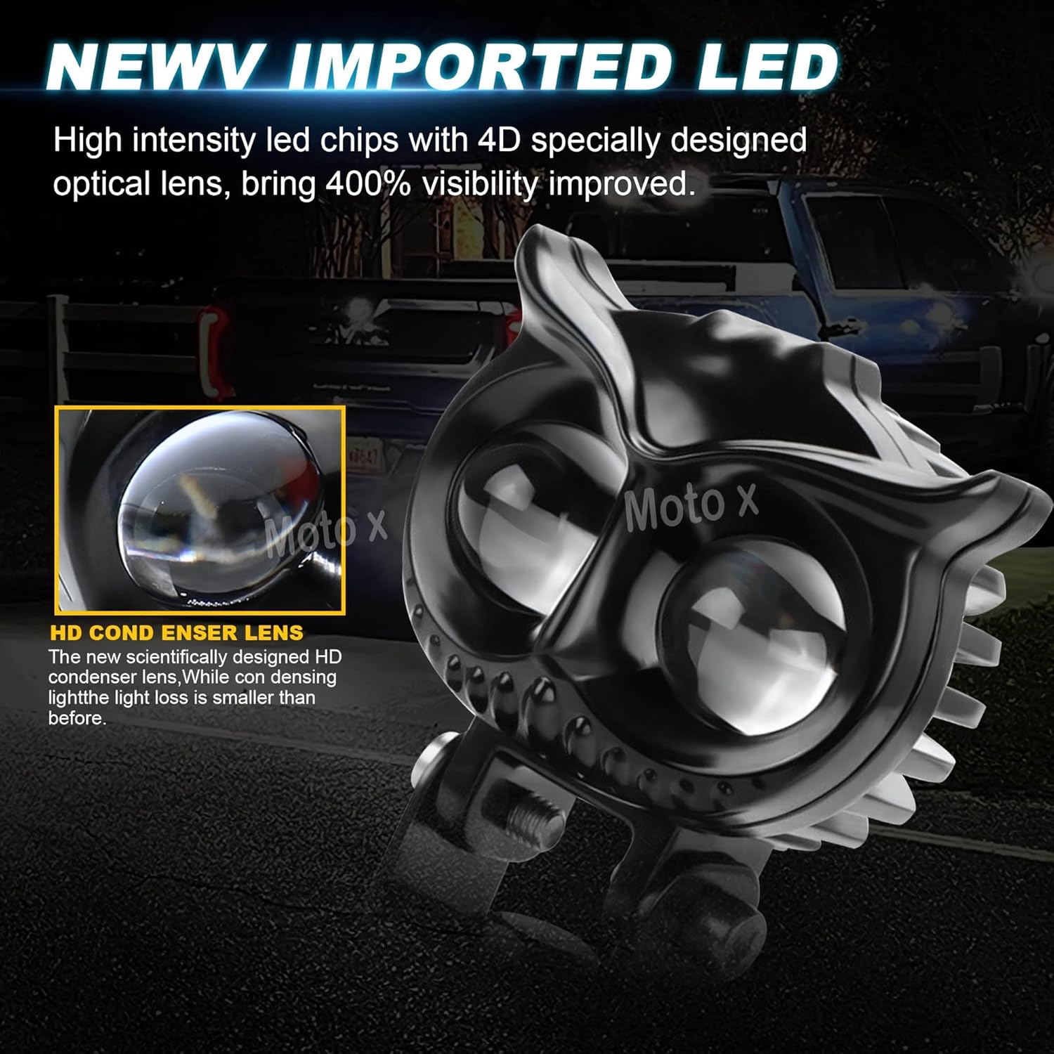 Moto X LED Motorcycle Driving Fog Lights Dual Color Amber/White Owl Fog Lamp 3mode Offroad Driving Headlights Universal for Bikes(Pack of 2)